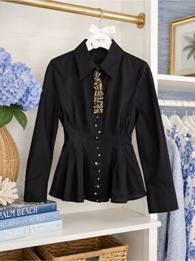 Anthropologie Black Beaded Peplum Button-Front Blouse